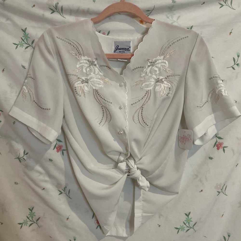 Vintage 80s 90s Joanna Petite Floral Embroidered Blouse Size S/M